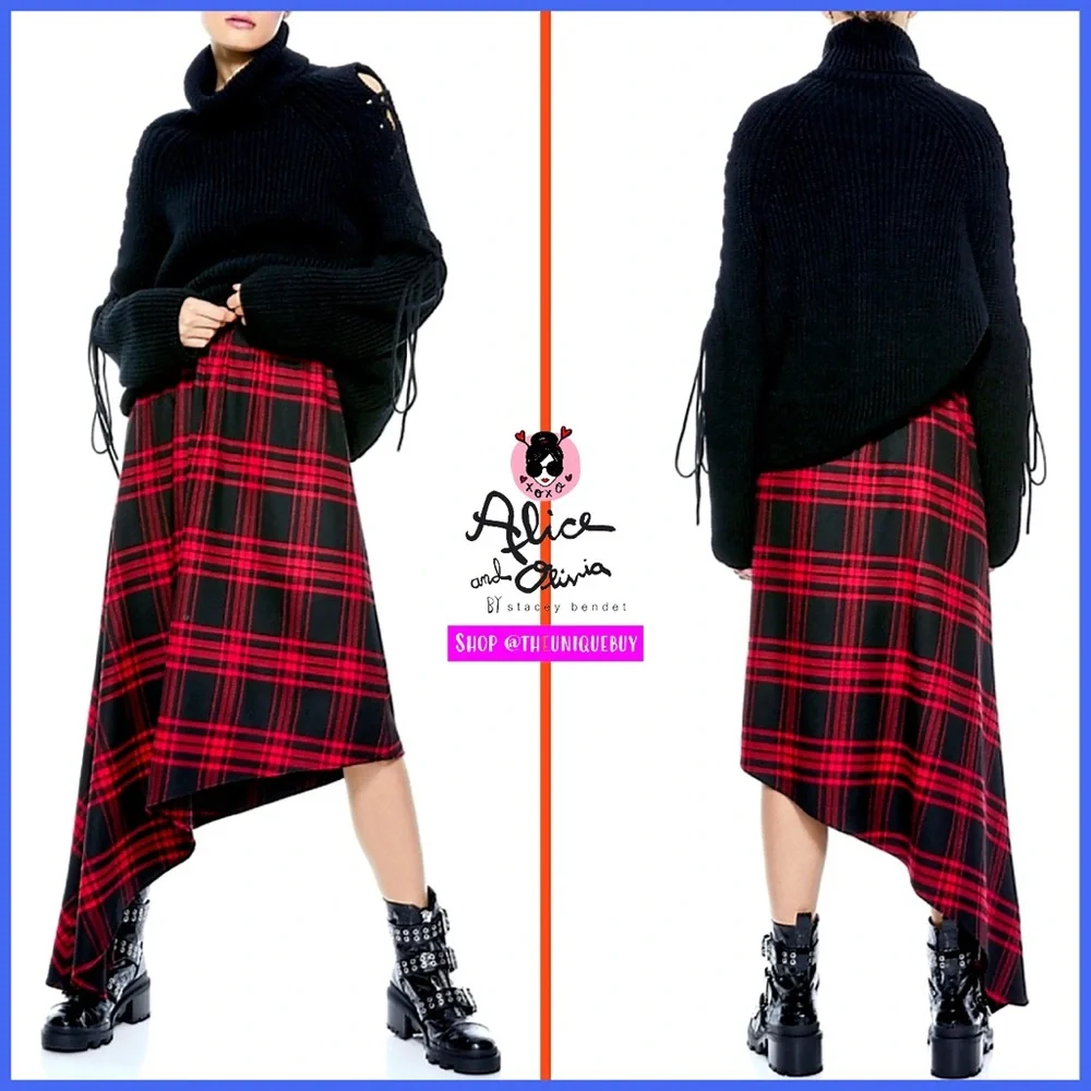 Alice + Olivia Natalina Plaid High-Low Asymmetrical Red Black Midi Skirt